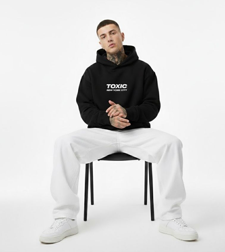 Black Hoodie Toxic Nyc Model sit Front Pic