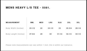 size chart heavy L/S TEE 5081