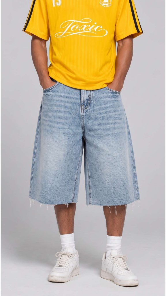 Y2K Style Wide Leg Denim Shorts in Light Blue Wash