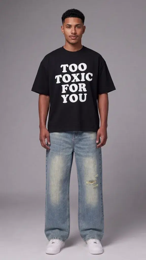 Baggy ripped jeans for men: model wearing Toxic NYC Ripped Vintage Wash Baggy Jeans front view
