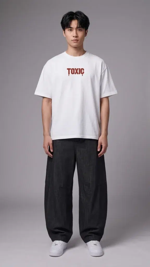 Black barrel leg jeans for men: model wearing Toxic NYC Black Barrel Leg Baggy Jeans front view