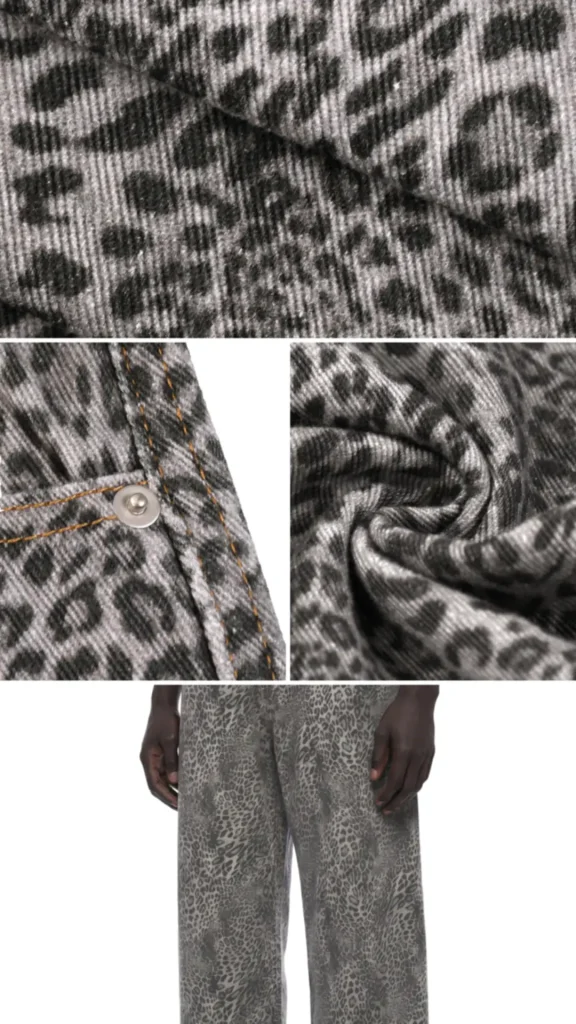 Leopard print denim details: fabric, button and fit