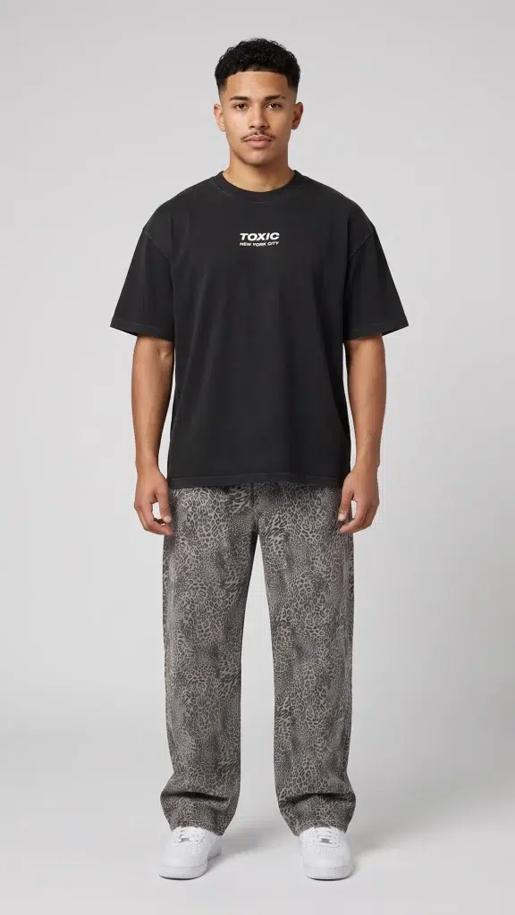 Full length view of man in Toxic NYC leopard print wide leg jeans
