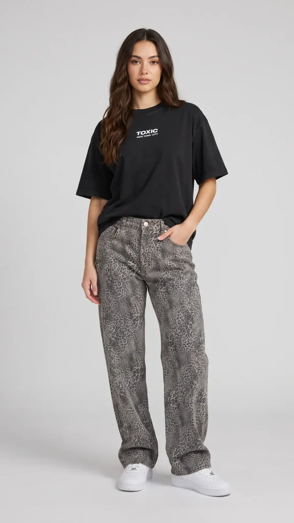 Full length view of woman in unisex Toxic NYC leopard print wide leg jeans