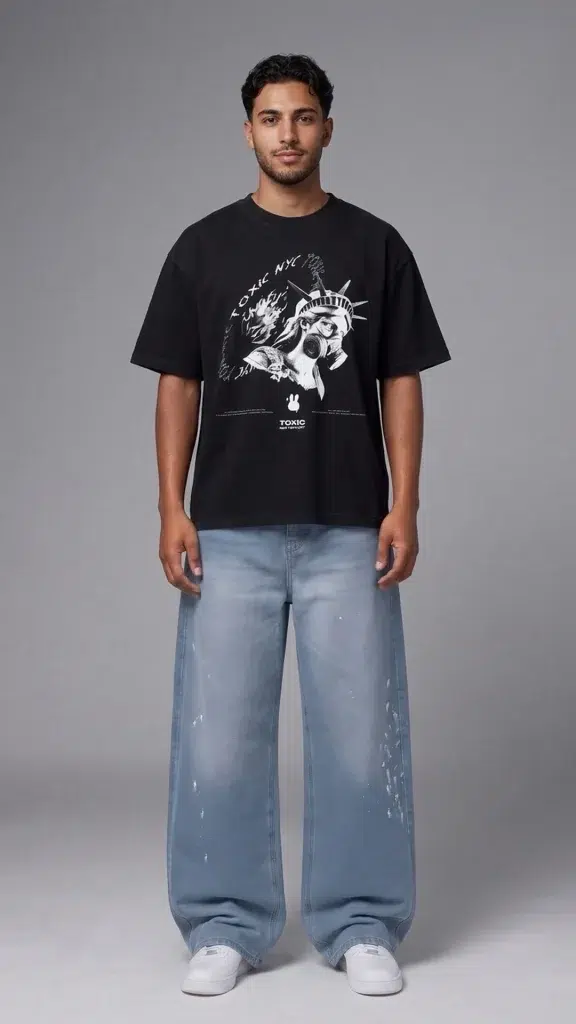 Paint splatter jeans for men: model wearing Toxic NYC Paint Splatter Baggy Jeans front view