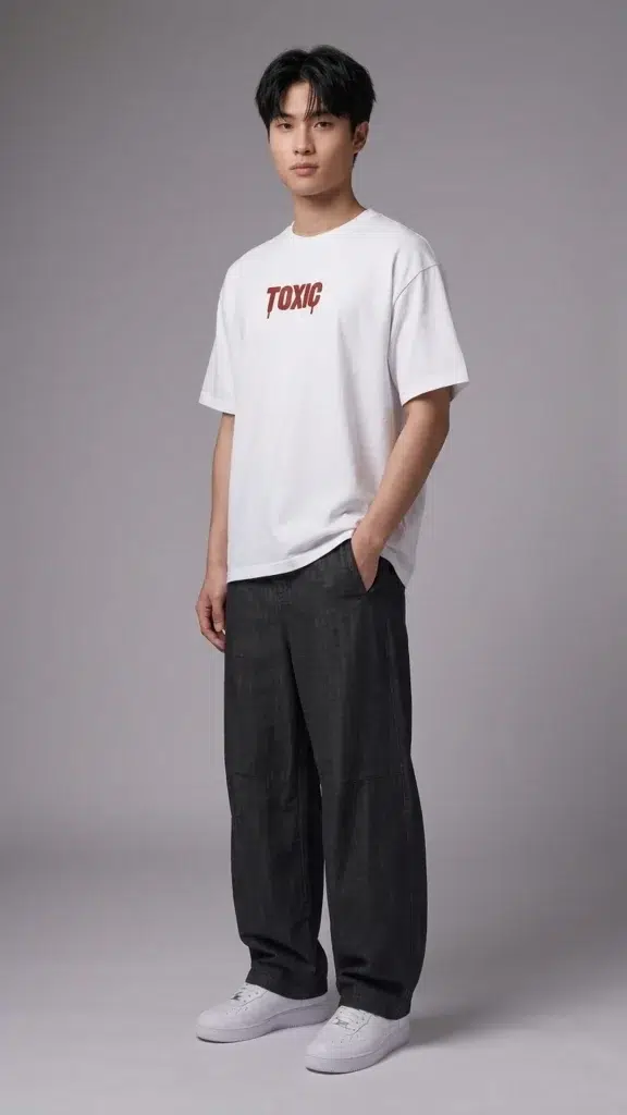 Streetwear barrel leg jeans for men: Toxic NYC Black Barrel Leg Baggy Jeans side view