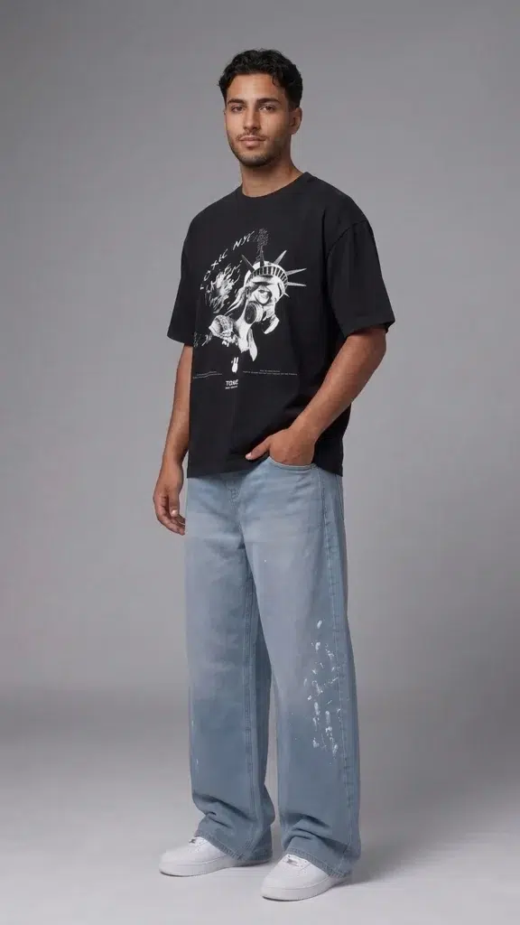 Streetwear paint splatter jeans for men: Toxic NYC Paint Splatter Baggy Jeans side view