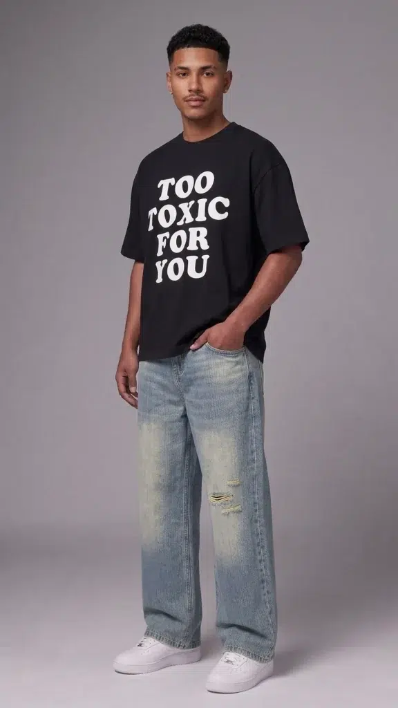 Streetwear ripped baggy jeans for men: Toxic NYC Ripped Vintage Wash Baggy Jeans side view