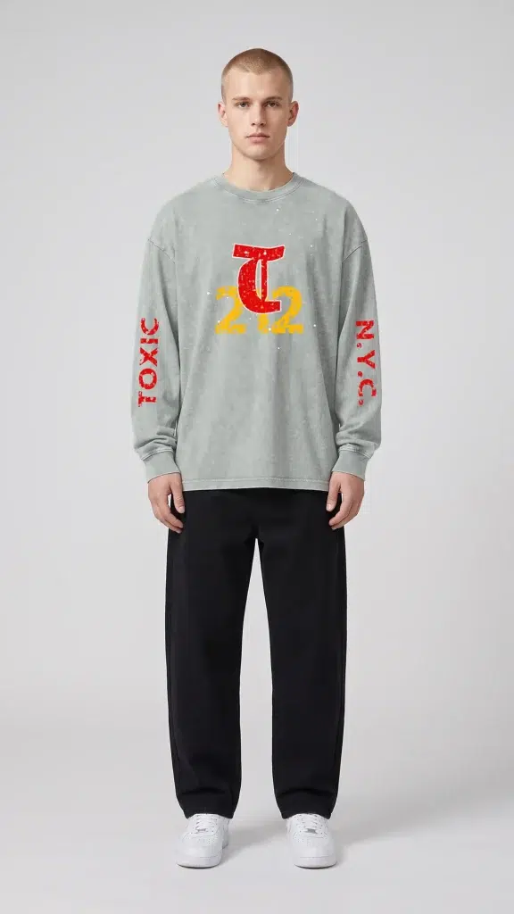Man wearing the Toxic NYC 212 Snow Washed Long Sleeve T-Shirt with baggy jeans