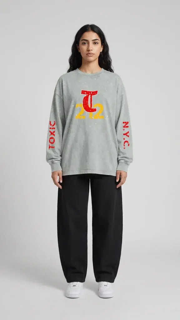 Woman wearing the Toxic NYC 212 Snow Washed Long Sleeve T-Shirt with baggy jeans
