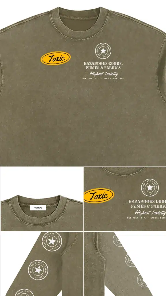 Print, sleeve print and TOXIC neck label details of the Toxic NYC Hazmat Supply Co. Snow Washed Long Sleeve T-Shirt