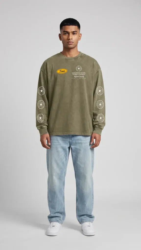 Man wearing the Toxic NYC Hazmat Supply Co. Snow Washed Long Sleeve T-Shirt with baggy jeans