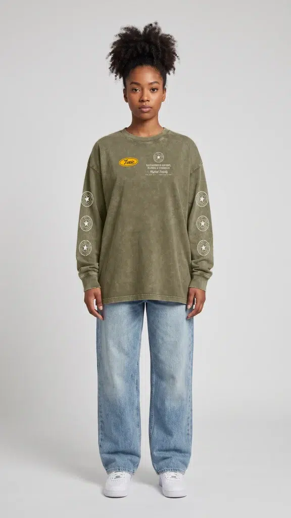 Woman wearing the Toxic NYC Hazmat Supply Co. Snow Washed Long Sleeve T-Shirt with baggy jeans