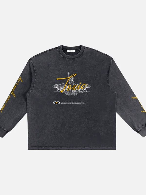 Toxic NYC Liberty Curse Snow Washed Long Sleeve T-Shirt in washed black, front
