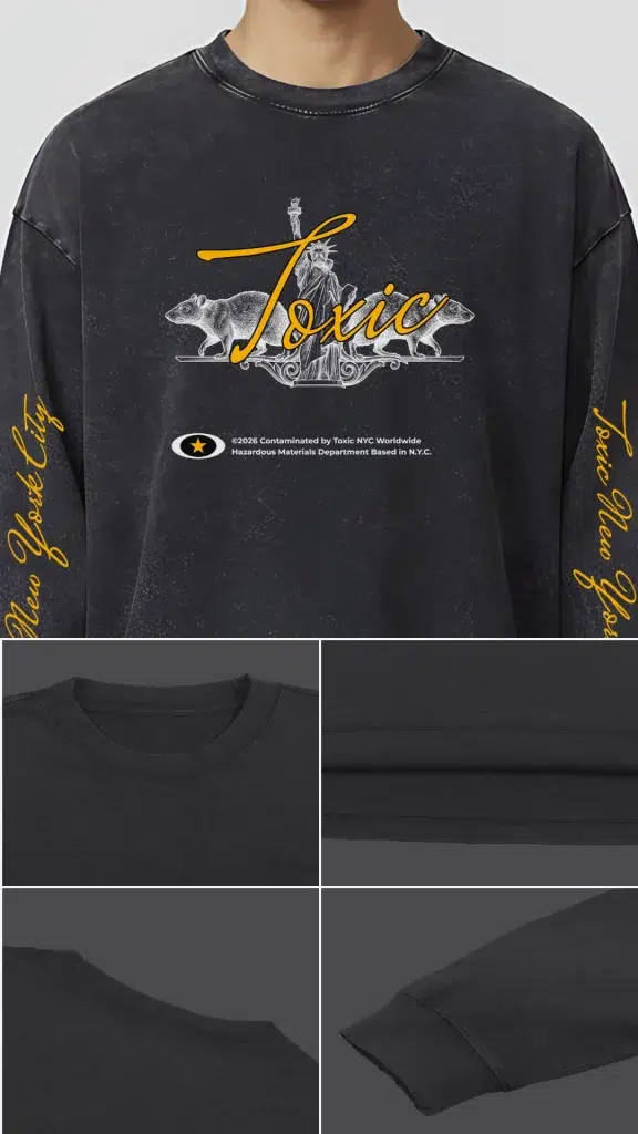 Print, collar, hem and cuff details of the Toxic NYC Liberty Curse Snow Washed Long Sleeve T-Shirt