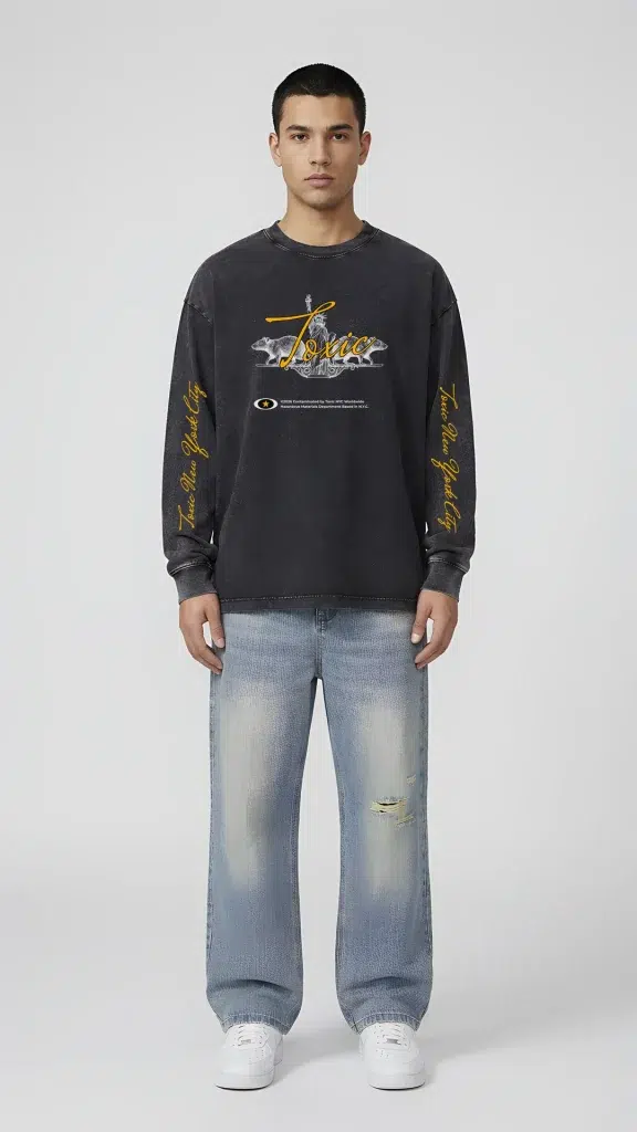 Man wearing the Toxic NYC Liberty Curse Snow Washed Long Sleeve T-Shirt with light blue baggy jeans