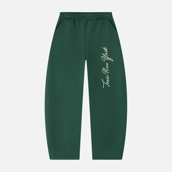 Toxic NYC Script Barrel Leg Sweatpants in Dark Green, front view