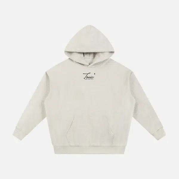 Toxic NYC Script Essential Heavyweight Hoodie in Oat Gray, front view
