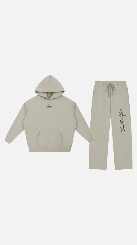 Toxic NYC Script Essential Heavyweight Hoodie & Straight Leg Sweatpants Set flat lay, light gray