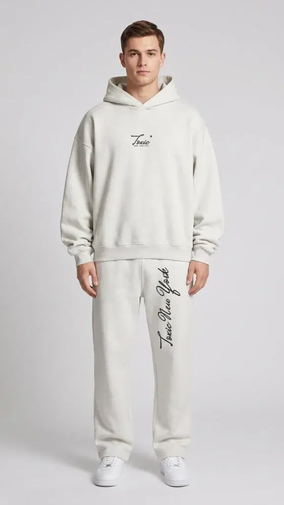 Man wearing the Toxic NYC Script Essential Heavyweight Hoodie and the matching Script Straight Leg Sweatpants