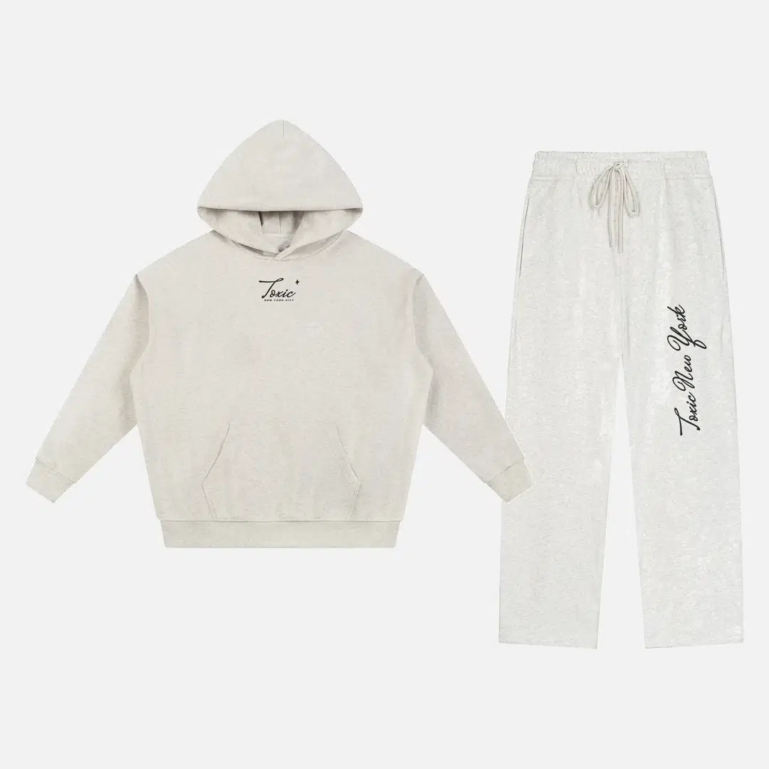 Toxic NYC Script Essential Heavyweight Hoodie & Straight Leg Sweatpants Set Oat Gray Toxic NYC Script Essential Heavyweight Hoodie & Straight Leg Sweatpants Set in Oat Gray, hoodie and sweatpants flat lay