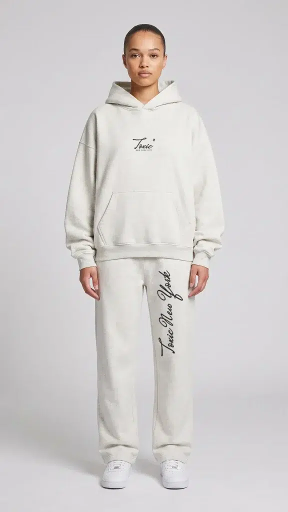 Woman wearing the Toxic NYC Script Essential Heavyweight Hoodie and the matching Script Straight Leg Sweatpants