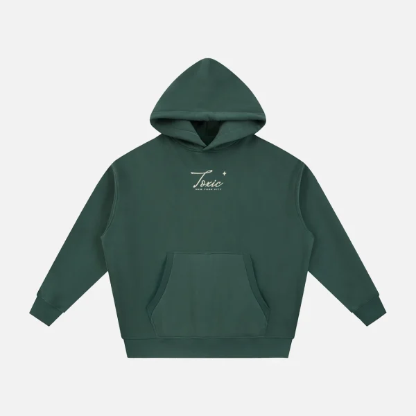 Toxic NYC Script Oversized Boxy Fleece Hoodie in Dark Green, front view