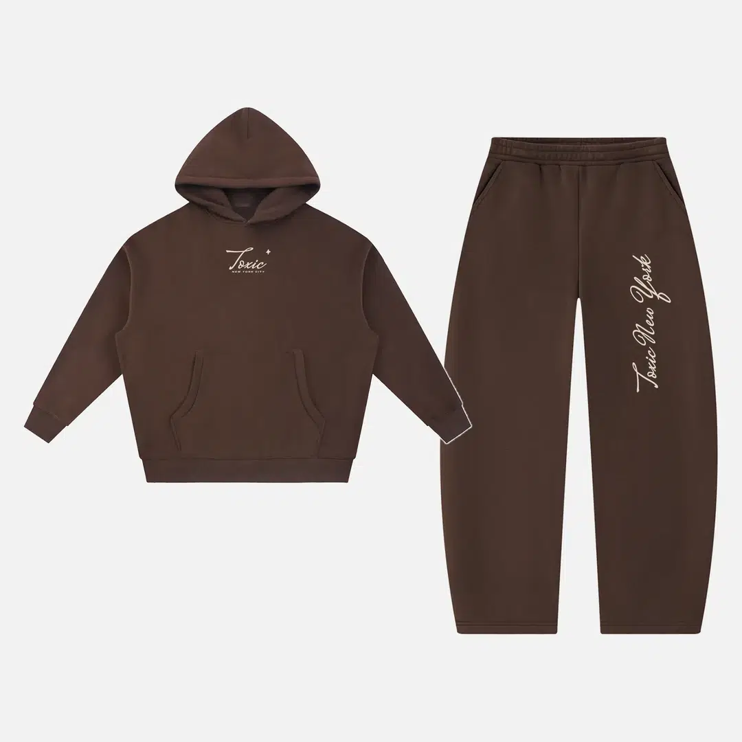 Toxic NYC Script Oversized Boxy Hoodie & Barrel Leg Sweatpants Set Coffee Toxic NYC Script Oversized Boxy Hoodie & Barrel Leg Sweatpants Set in Coffee, hoodie and sweatpants flat lay