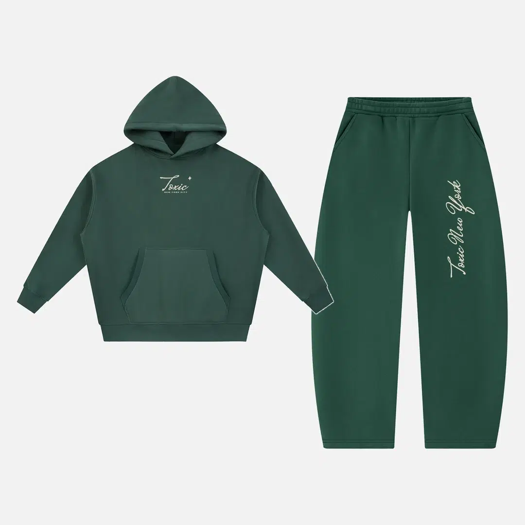 Toxic NYC Script Oversized Boxy Hoodie & Barrel Leg Sweatpants Set Dark Green Toxic NYC Script Oversized Boxy Hoodie & Barrel Leg Sweatpants Set in Dark Green, hoodie and sweatpants flat lay