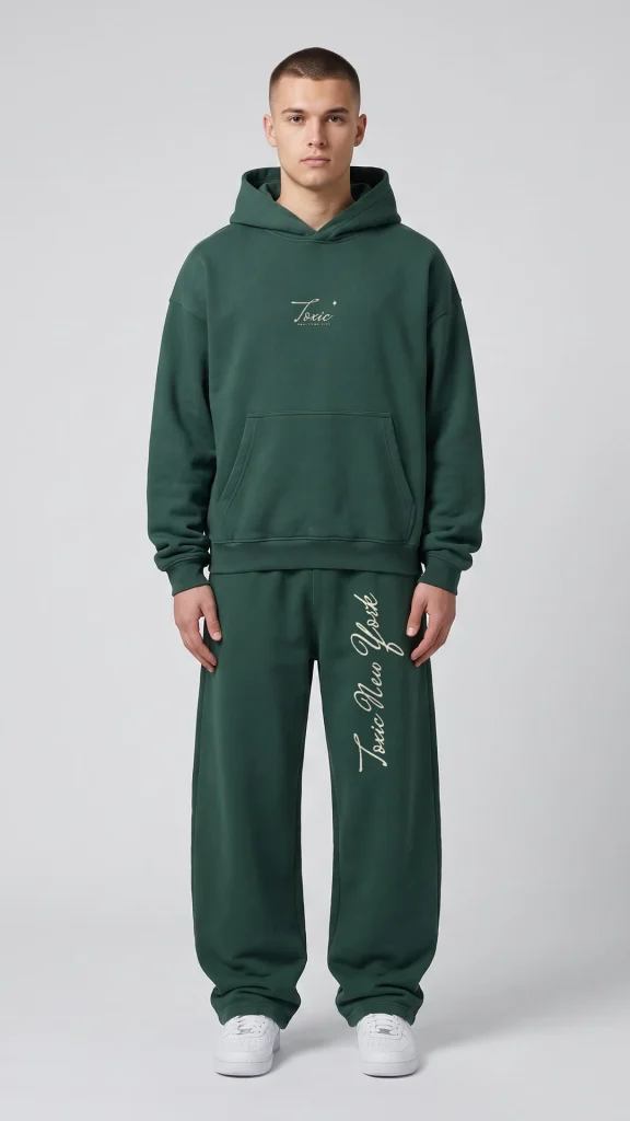 Man wearing the Toxic NYC Script Oversized Boxy Fleece Hoodie and the matching Script Barrel Leg Sweatpants