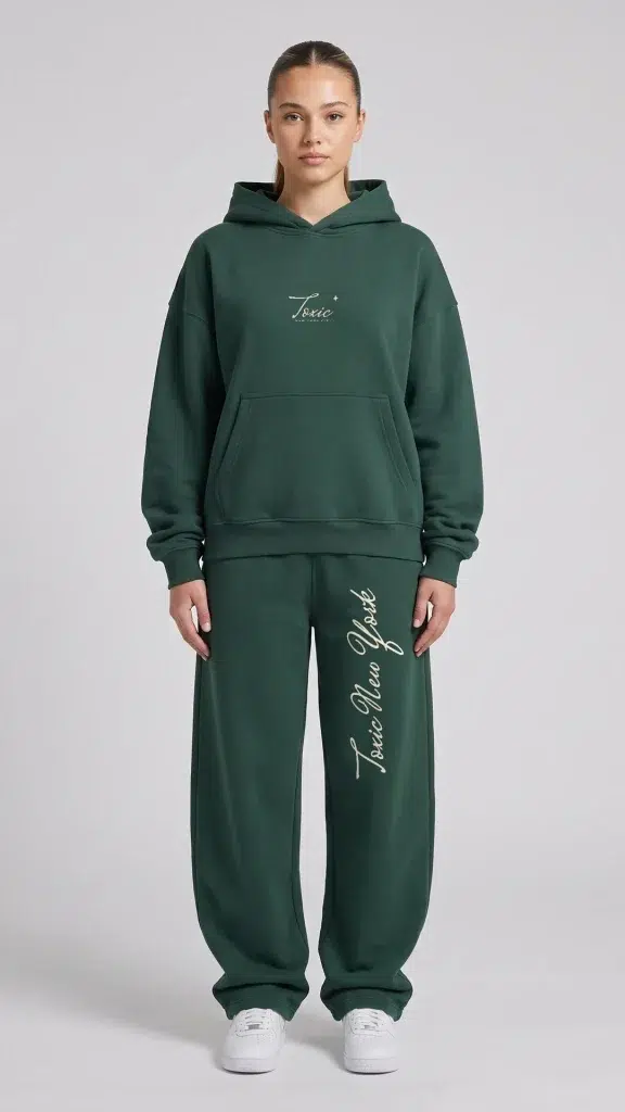 Woman wearing the Toxic NYC Script Oversized Boxy Fleece Hoodie and the matching Script Barrel Leg Sweatpants