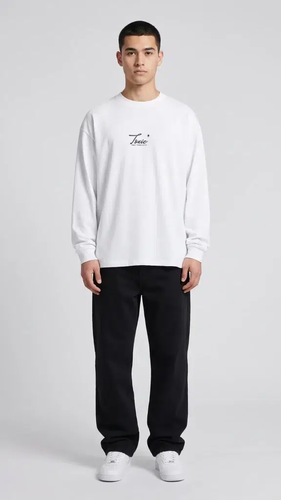Man wearing the Toxic NYC Script Oversized Long Sleeve T-Shirt