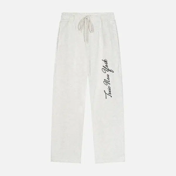 Toxic NYC Script Straight Leg Sweatpants in Oat Gray, front view
