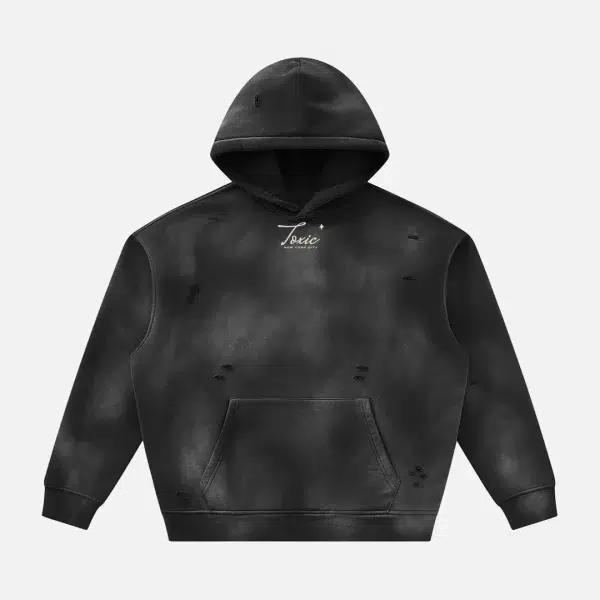 Toxic NYC Script Sunfade Frayed Fleece Hoodie in Black, front view