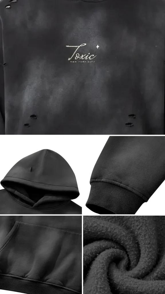 Toxic NYC Script Sunfade Frayed Fleece Hoodie details: exact print close-up, fabric and stitching
