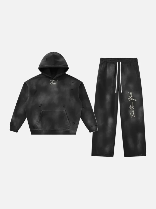 Toxic NYC Script Sunfade Frayed Hoodie & Wide Leg Sweatpants Set - front