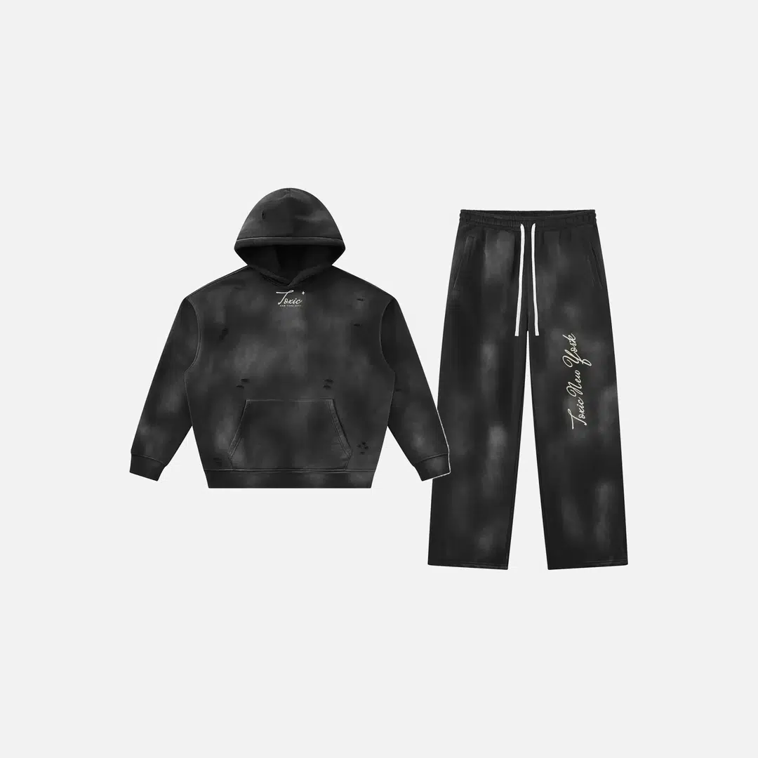 Toxic NYC Script Sunfade Frayed Hoodie & Wide Leg Sweatpants Set Toxic NYC Script Sunfade Frayed Hoodie & Wide Leg Sweatpants Set - front