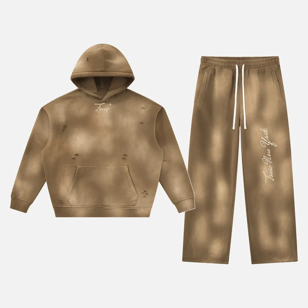 Toxic NYC Script Sunfade Frayed Hoodie & Wide Leg Sweatpants Set Brown Toxic NYC Script Sunfade Frayed Hoodie & Wide Leg Sweatpants Set in Brown, hoodie and sweatpants flat lay