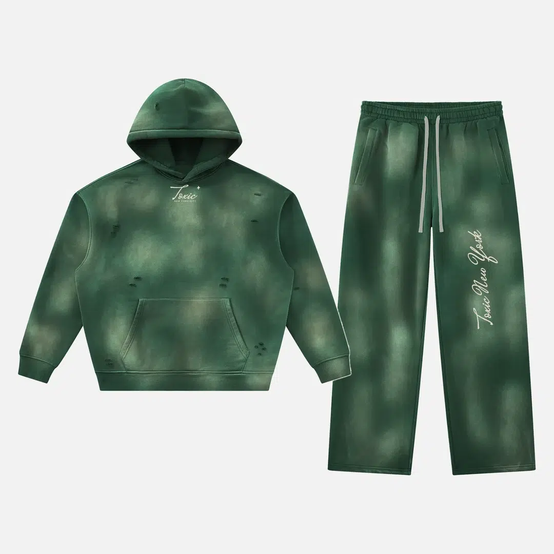 Toxic NYC Script Sunfade Frayed Hoodie & Wide Leg Sweatpants Set Dark Green Toxic NYC Script Sunfade Frayed Hoodie & Wide Leg Sweatpants Set in Dark Green, hoodie and sweatpants flat lay