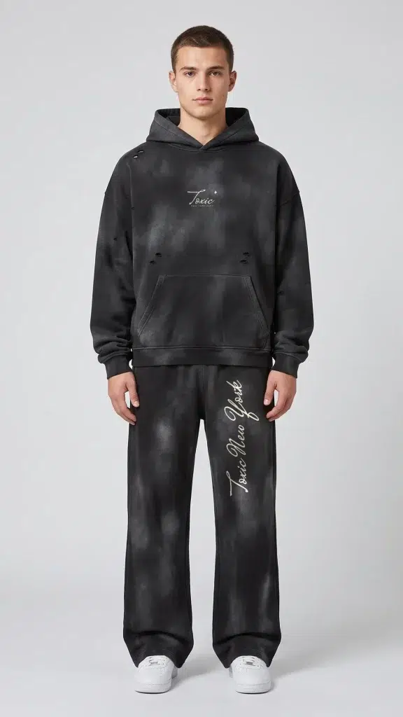 Man wearing the Toxic NYC Script Sunfade Frayed Fleece Hoodie and the matching Script Sunfade Wide Leg Fleece Sweatpants
