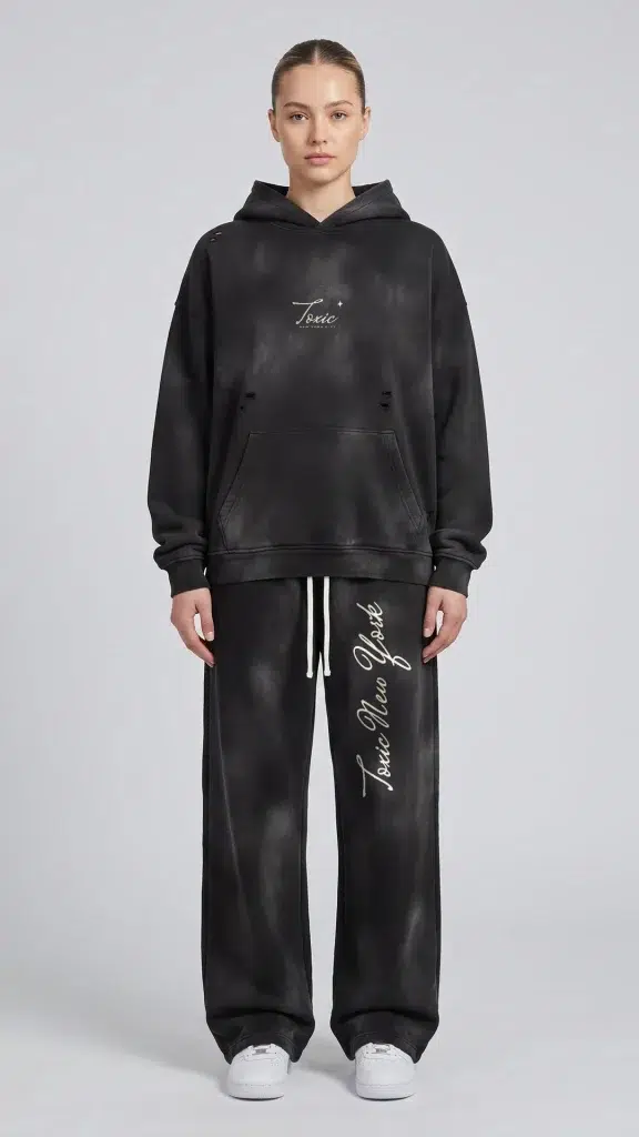 Woman wearing the Toxic NYC Script Sunfade Frayed Fleece Hoodie and the matching Script Sunfade Wide Leg Fleece Sweatpants