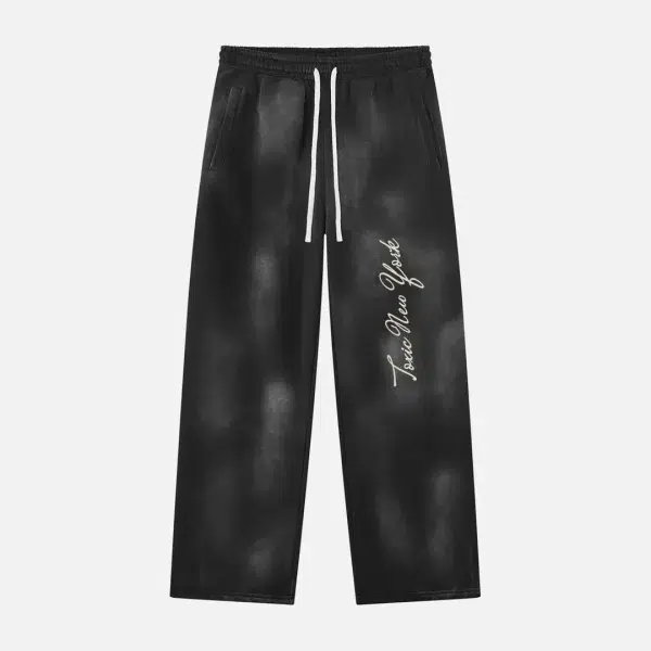 Toxic NYC Script Sunfade Wide Leg Fleece Sweatpants in Black, front view