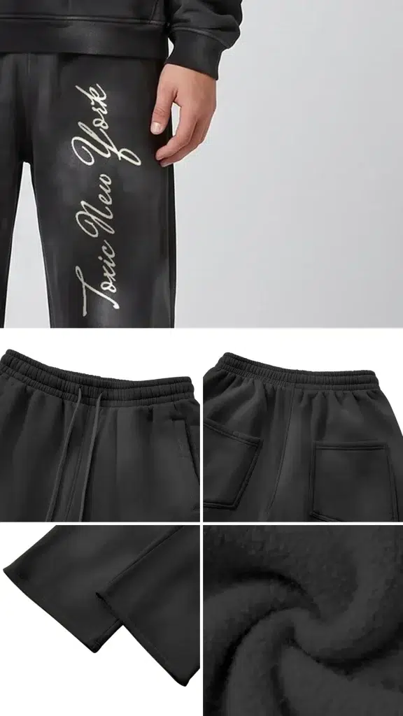 Toxic NYC Script Sunfade Wide Leg Fleece Sweatpants details: exact print close-up, fabric and stitching