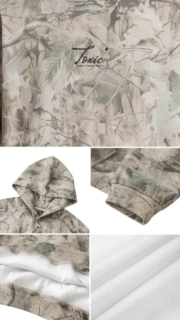 Toxic NYC Script Tree Camo Fleece Hoodie details: exact print close-up, fabric and stitching