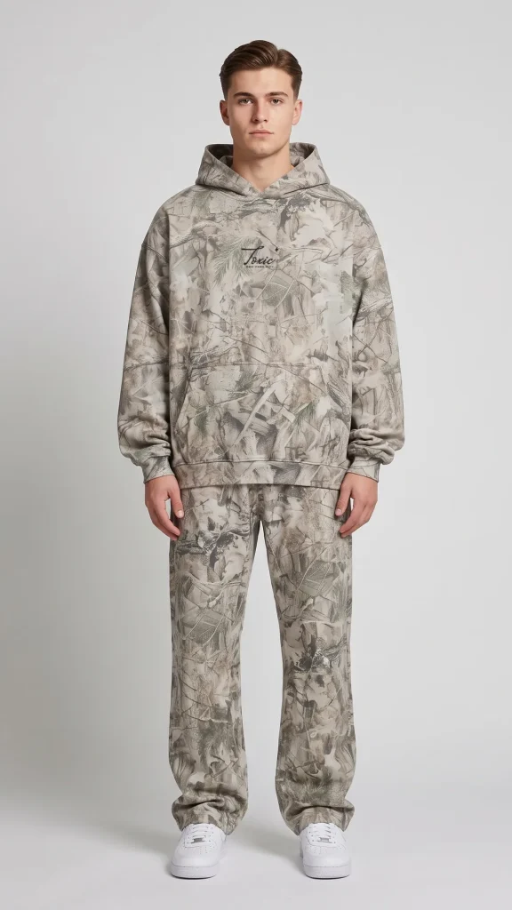 Man wearing the Toxic NYC Script Tree Camo Fleece Hoodie and the matching Tree Camo Fleece Sweatpants