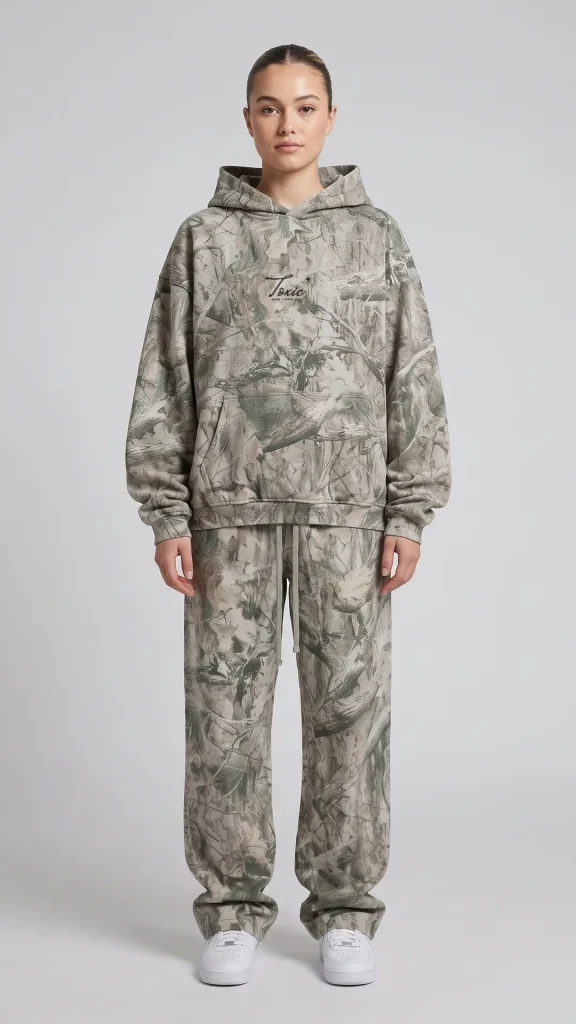 Woman wearing the Toxic NYC Script Tree Camo Fleece Hoodie and the matching Tree Camo Fleece Sweatpants