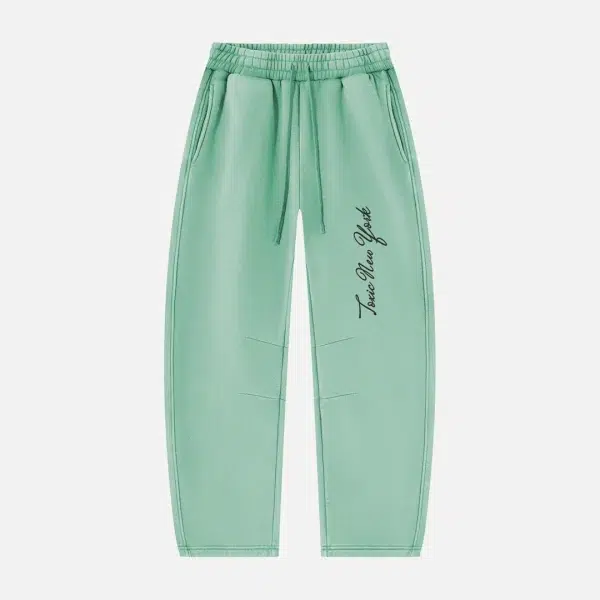 Toxic NYC Script Vintage Wash Barrel Leg Sweatpants in Mint Green, front view