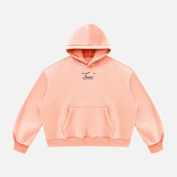Toxic NYC Script Vintage Wash Boxy Fleece Hoodie in Light Pink, front view