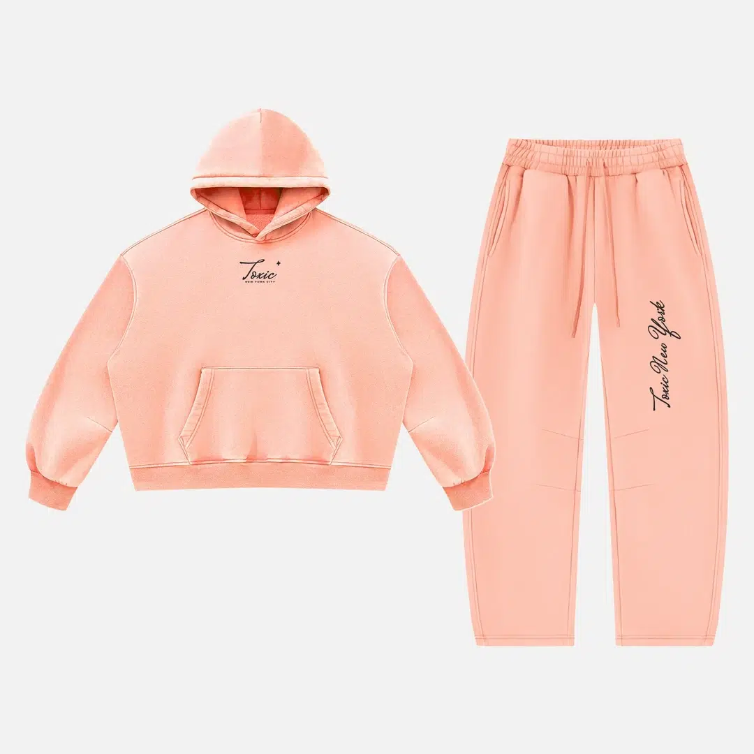 Toxic NYC Script Vintage Wash Hoodie & Barrel Leg Sweatpants Set Light Pink Toxic NYC Script Vintage Wash Hoodie & Barrel Leg Sweatpants Set in Light Pink, hoodie and sweatpants flat lay