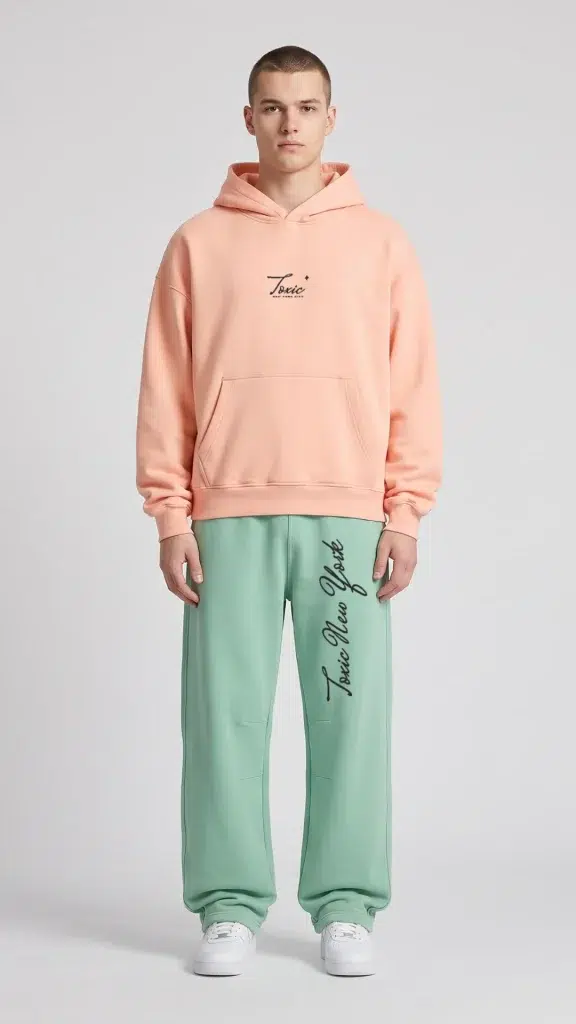 Man wearing the Toxic NYC Script Vintage Wash Boxy Fleece Hoodie and the matching Script Vintage Wash Barrel Leg Sweatpants